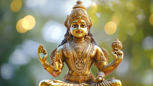 Golden serene deity statue glowing in soft garden light.