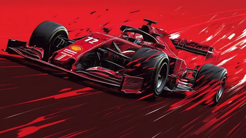 Red Formula 1 race car illustration on stylized track background.