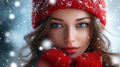 Winter portrait highlights vivid red knit and blue eyes.