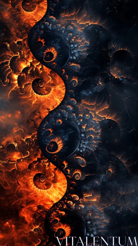 Fractal fire and shadow spiral divide with molten contrast.
