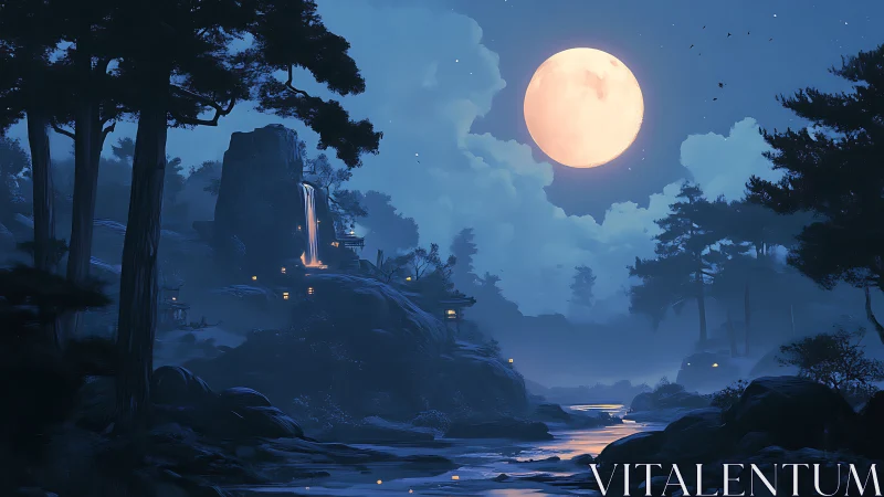 Luminous full moon over misted forest river and waterfall.