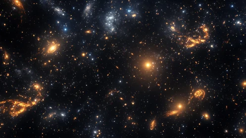 Golden spiral galaxies scattered across deep starfield.