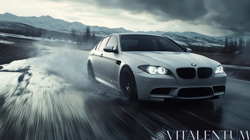 White BMW sedan on wet mountain road under overcast sky.