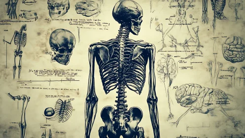 Vintage anatomical skeleton study with brain diagrams.