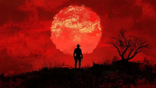 Silhouetted cowboy stands before massive red sun at dusk