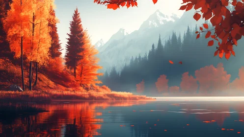 High-altitude autumn lake with fiery foliage and snowy peaks