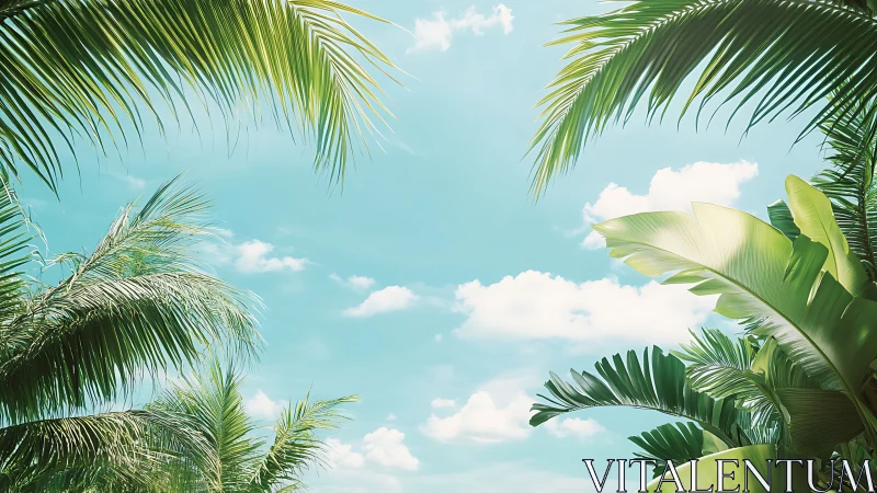 Tropical palm canopy framing serene turquoise sky.