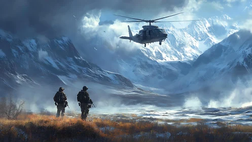Military helicopter over snow valley with armed personnel.