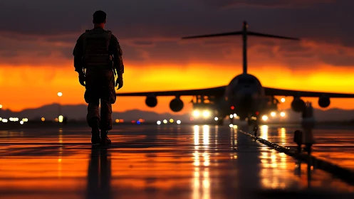 Military figure silhouetted against runway aircraft at dusk.