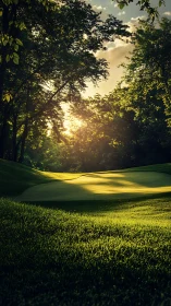Sunlit golf green framed by dense late afternoon trees.