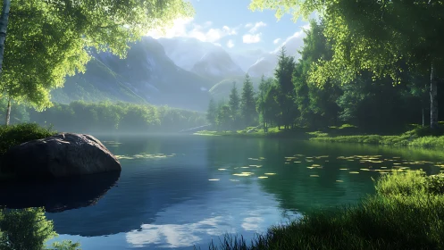 Mountain lake reflects trees and distant sunlit peaks clearly