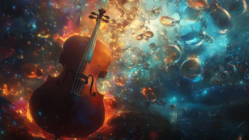 Cello suspended in luminous cosmic liquid with spectral refractions