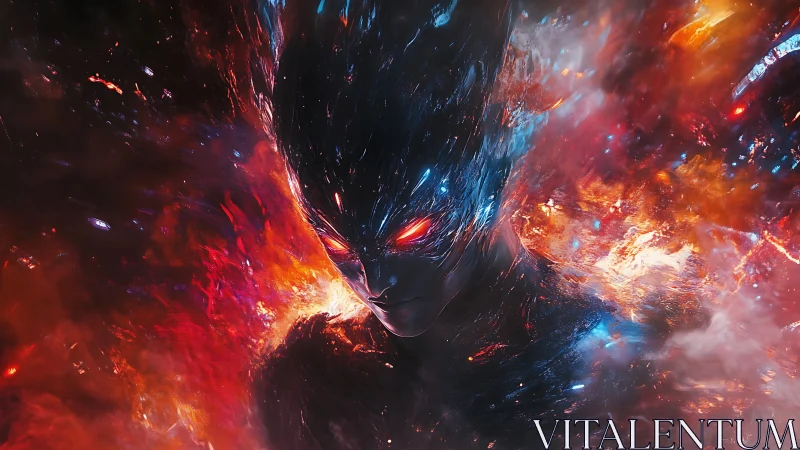 Cosmic fire entity with glowing eyes in swirling nebula