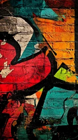 Urban brick wall graffiti with bold chromatic overlays.