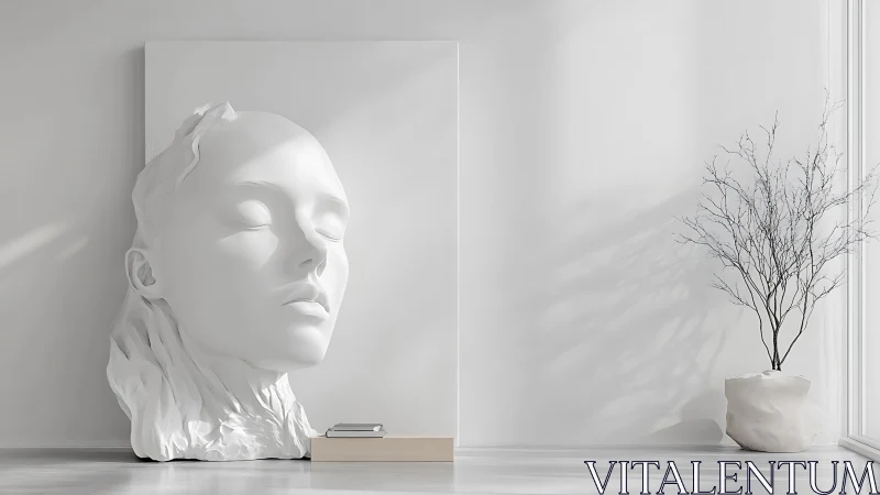 Minimalist white studio displays serene oversized face sculpture