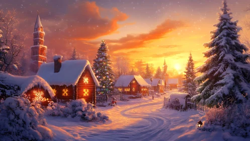 Snowlit village glows under ember-bright Christmas sunset.