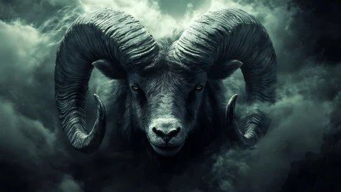 Stormlit ram rises through swirling clouds with calm power