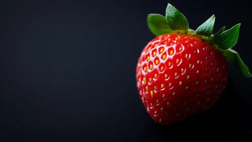 Juicy ripe strawberry glowing gently against deep black.