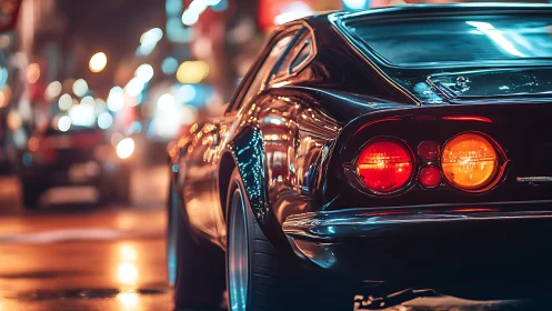 Classic sports car under neon city lights at night.