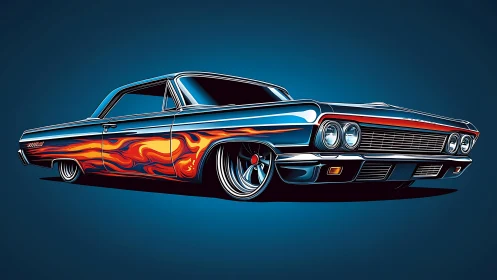 Lowrider coupe rendered with vector flames and stylized chrome reflections