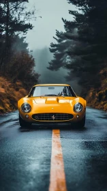 Yellow grand tourer on wet forest road, telephoto perspective.