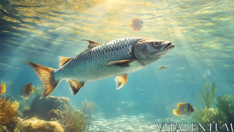 Large silver fish swims through clear sunlit reef water