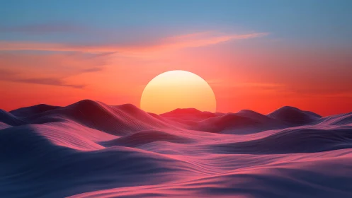 Neon dunes breathe quietly beneath an oversized rising sun