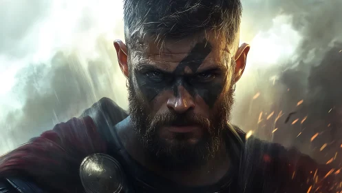 Battle-hardened warrior portrait with dramatic rim lighting and sparks