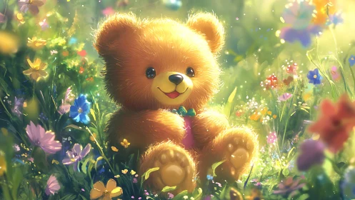 Teddy bear sits in bright flower meadow under soft sunlight
