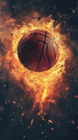 Flaming basketball rendered in dynamic high-contrast digital art