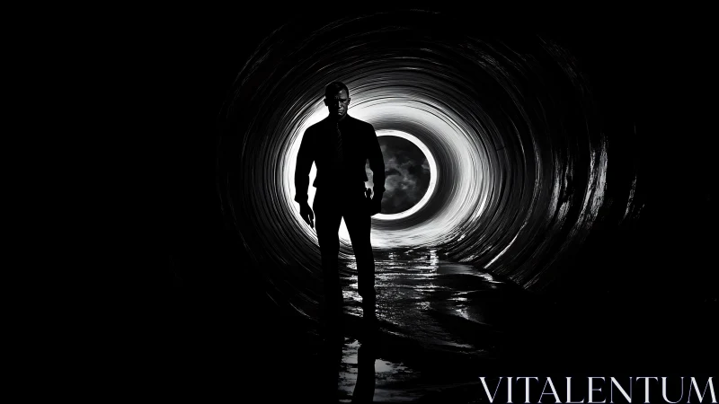 Suited silhouette strolling toward a glowing tunnel exit.