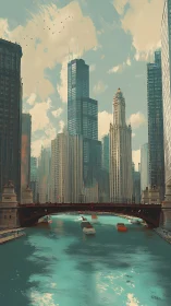 Sunlit river canyon beneath towering teal skyscrapers.