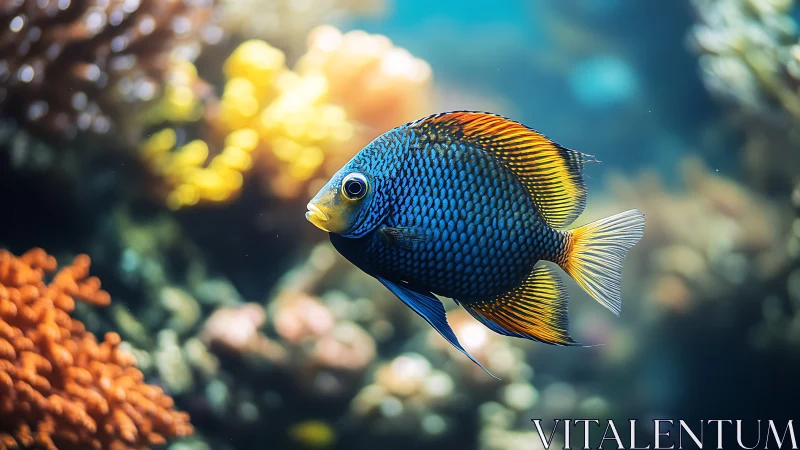 Photorealistic tropical fish portrait in coral reef environment.