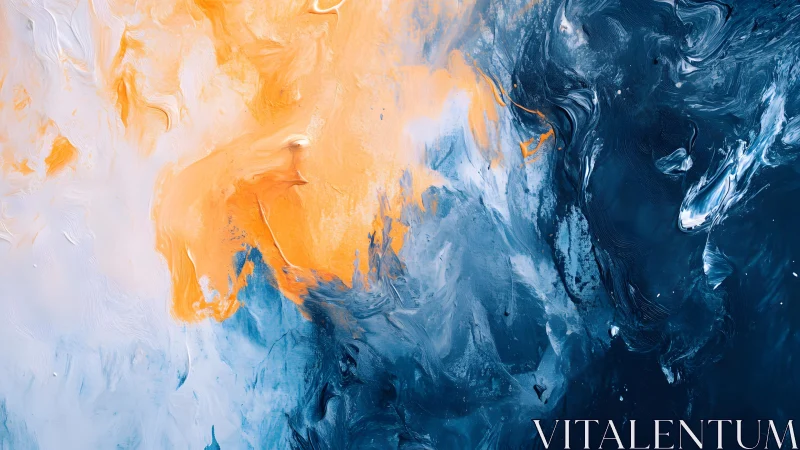 Abstract blue, orange, and white acrylic painting with dynamic swirls.