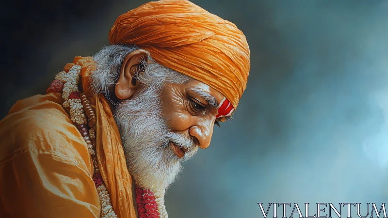 Elderly bearded man in orange turban with floral garlands.