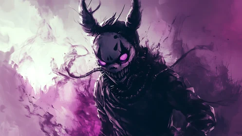 Demonic horned figure with glowing eyes in high contrast purple haze