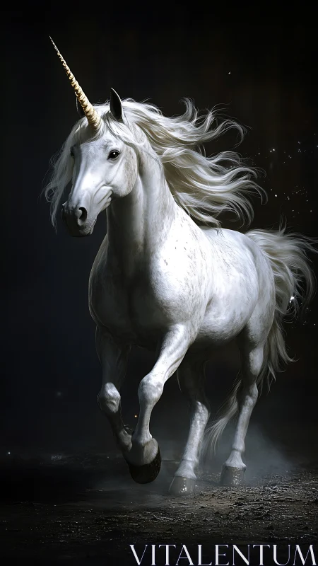 Photorealistic white unicorn galloping through low key darkness