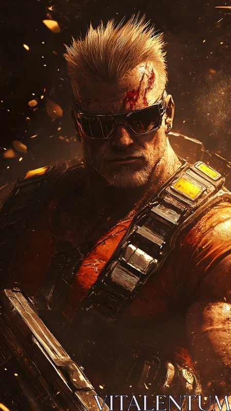 Battle-hardened cyber-commando rendered with high-contrast lighting and particulate effects