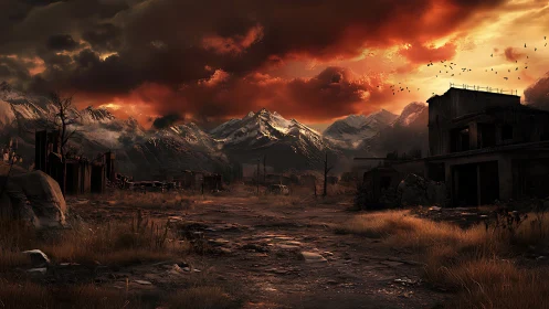 Stormlit ruins beneath glowing mountains at day&rsquo;s quiet end.