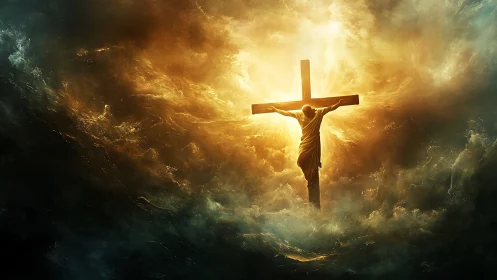 Figure on cross centered in turbulent glowing storm clouds