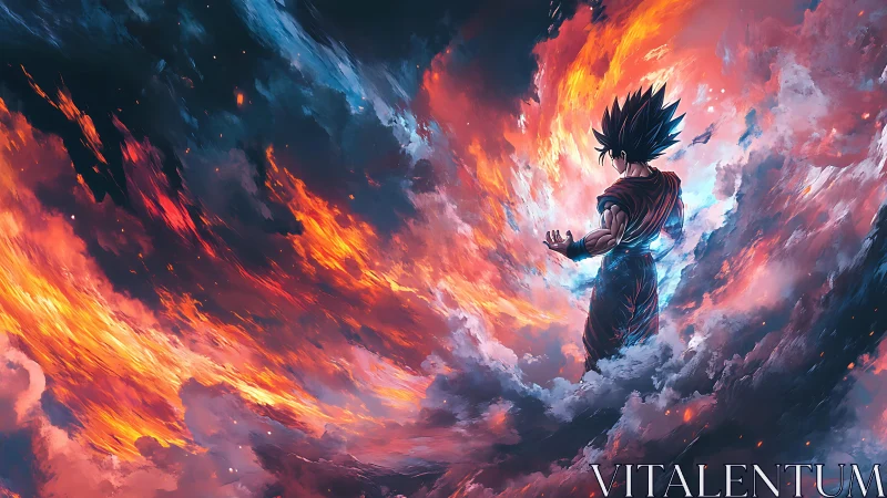 Energetic warrior in turbulent chromatic storm vortex field.