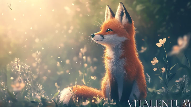 Gentle fox resting in glowing wildflower evening light.