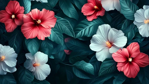 Crimson and white hibiscus flowers with teal foliage arrangement