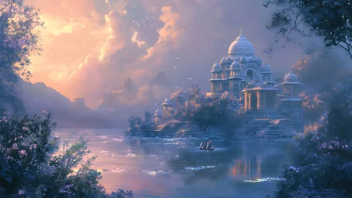 Radiant riverside temple basks in dreamy twilight glow.