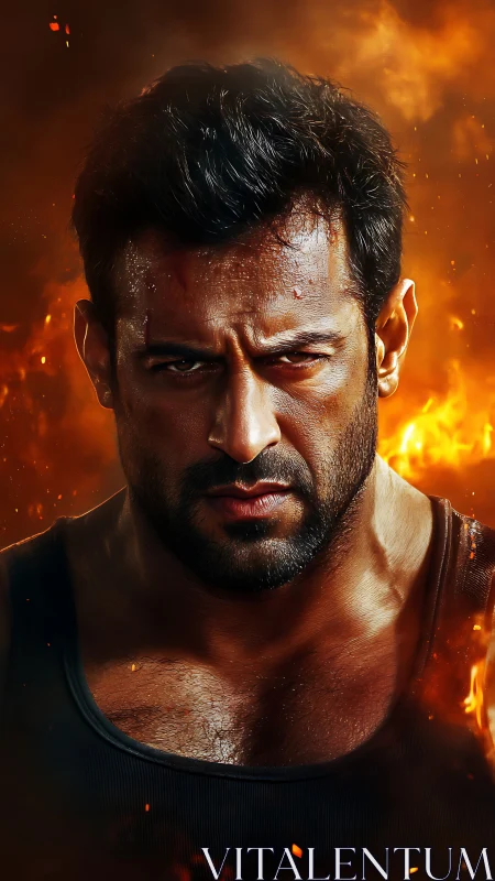 Thermal-etched warrior portrait amid volumetric flame field.