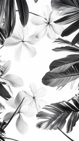 Monochrome tropical canopy swirling in luminous negative space.