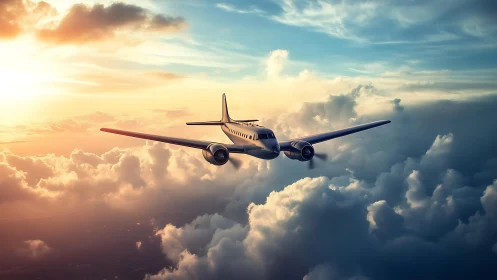 Vintage twin-engine airplane glides above sunlit clouds.