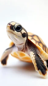 Photorealistic juvenile turtle portrait on clean white ground.