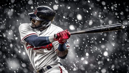 Baseball batter holds follow-through pose during snowfall