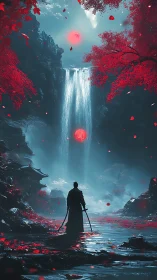 Samurai silhouette before neon waterfall and crimson forest